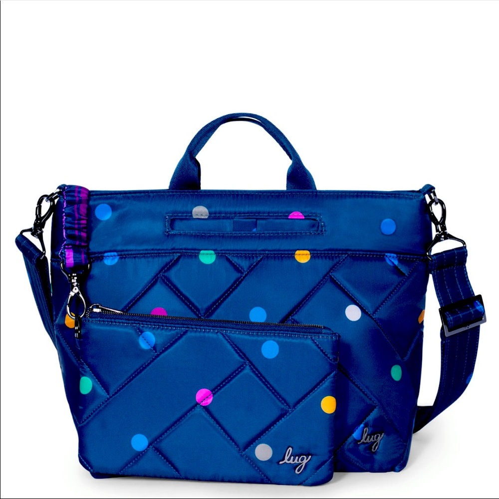 NWT: SOLD OUT- TENOR TOTE & POUCH - Navy BLUE WITH POLKADOTS